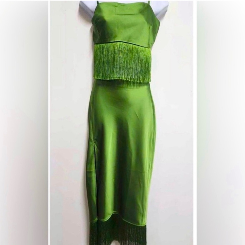 Green Fringe Satin two piece